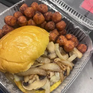 Mushroom Swiss Turkey burger on  brioche with Sweet Potato Tots Sweet Potato Tots Mushroom Swiss Melt
