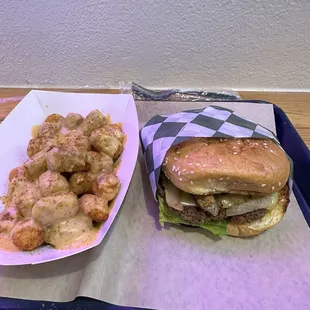 Smoky Bacon Vice Burger w/ Impossible Patty and Tater Tots with cheese...yum!