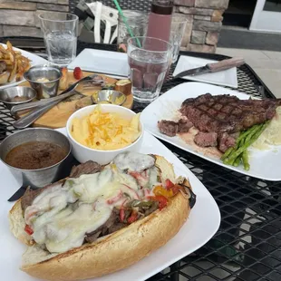 Roast Beast with au jus + mac n cheese and the Buffalo Ribeye with asparagus and mashed potatoes