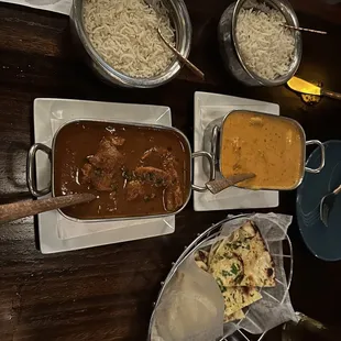 Chicken Curry, Garlic Naan, Red Thai Seafood Curry