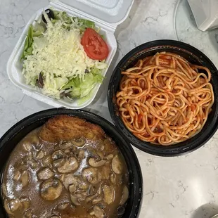 Chicken Marsala with spaghetti and marinara