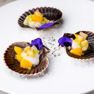 three scallops on a white plate