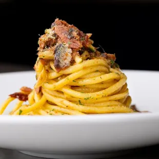 a plate of spaghetti with meat and sauce