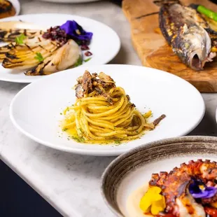 a variety of dishes on a table