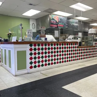 a checkered counter in a restaurant