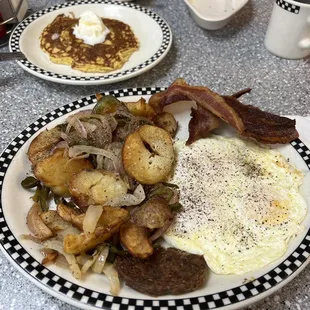 Texan Ranch Hand breakfast with an extra jalapeño corn cake. Yum!