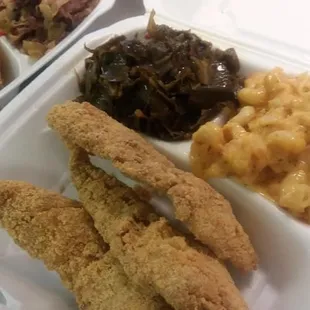 Crispy Fried Whiting Fish, Baked Mac-N- Cheese, Collard Greens