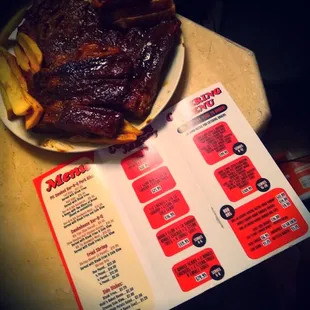ows a plate of ribs and fries