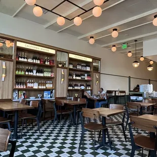 a restaurant with a checkered floor