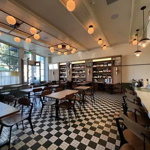 a restaurant with a checkered floor