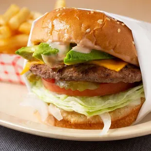 Sink your teeth in our fresh and flavorful avocado burger cheeseburger combo with golden fries and a fountain drink! Best burger in town.