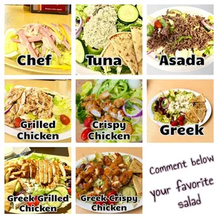 Our GIVEAWAY salad options. Join us on social media for a chance to win. Winner announced July 25th 2024 in our insta &amp; fb page.