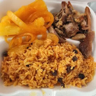 Pork, yucca, rice &amp; beans