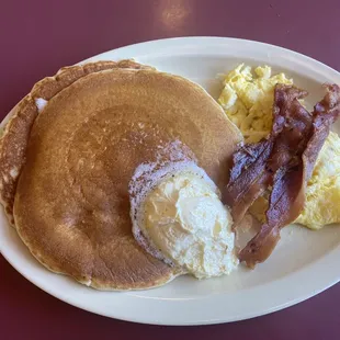 Pancakes, Bacon and scrambled eggs.