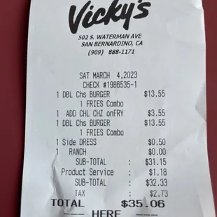 the receipt for the restaurant