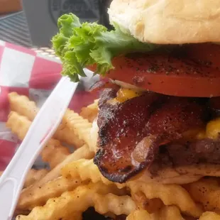 Bacon cheeseburger. Perfect medium rare, tender and juicy.