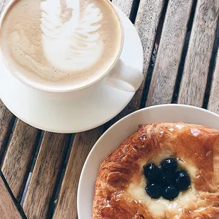 Vanilla latte and cheese danish with blueberries