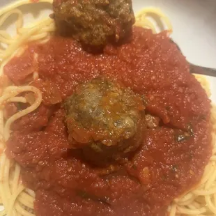 My bowl of spaghetti with my two extra meatballs