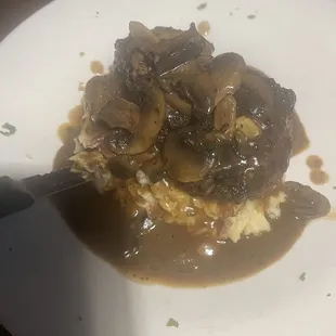 Beef Marcella, with mashed potatoes that were garlicky a good variety of mushrooms and a wonderful sauce