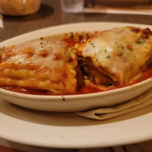 Lasagna, cut to show layers.