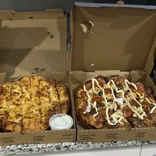 Left to right (clever mushroom pun, cheese sticks, stamp collector, signature cheese)