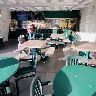 Exterior seating area, no interior spots for sitting.