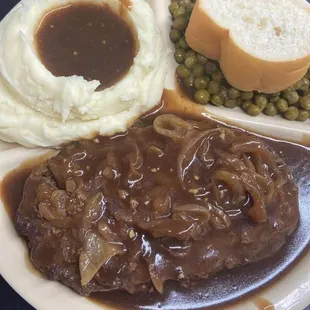 Hamburger Steak with Cream Potatoes and Green Beans.