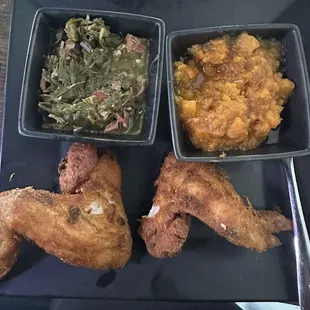 Twice Fried Chicken, greens &amp; yams