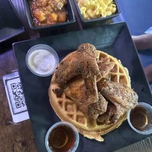 Savory Chicken &amp; Waffles, Mac n cheese &amp; greens