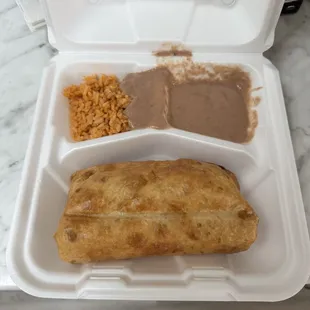 Chicken Chimichanga with Refried Beans and Mexican Fried Rice