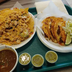 chicken nachos (L) queso birrea (R)