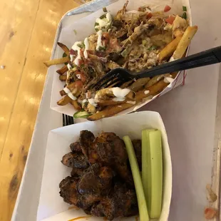 Hog fries and Buffalo wings.