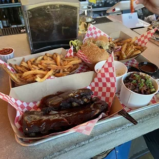 1/2 rack ribs with fries, slaw, and beans.