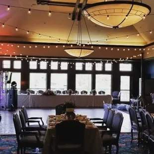 a banquet room with tables and chairs