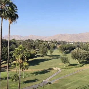 a golf course with palm trees and mountains in the background
