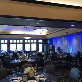 a banquet room set up for a formal event