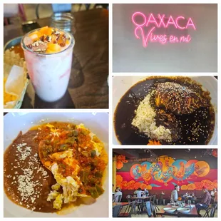 Horchata, pollo en mole negro, huevos rancheros con salsa de nopalitos.