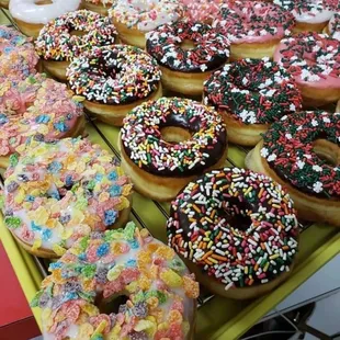 a variety of doughnuts on display