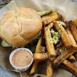 All-beef house burger with Parmesan herb fries