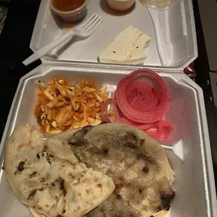 3 pupusas beans with cheese and cheese with loroco it&apos;s an exotic plant delicious you won&apos;t be disappointed!