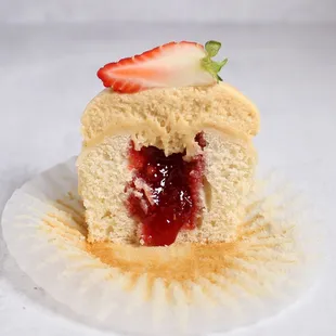 PB &amp; Yay! - Vanilla sponge filled with homemade strawberry jam topped with peanut butter buttercream and a strawberry.