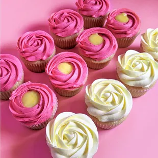 The Lemon Berry Box - Vanilla sponge filled with lemon curd or raspberry jam topped with lemon or raspberry buttercream or a combo of both.