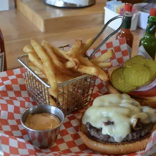 a cheeseburger and fries