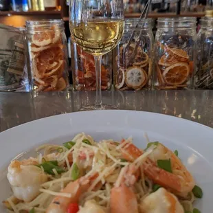 One of their specials for the day. Shrimp picatta with a glass of Pinot grigio
