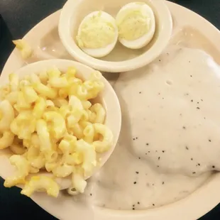 Country fried steak, mac and cheese, and deviled eggs