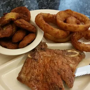 Fried pork chop, onion rings and squash. Yum!