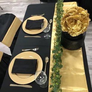 Black and gold dinner setup. What do you think?