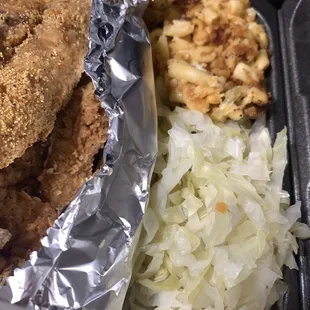 Fried fish, Mac and uncooked cabbage