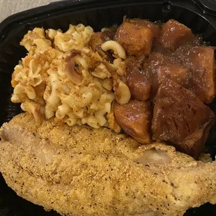 Fried fish, Mac and cheese, &amp; Yams