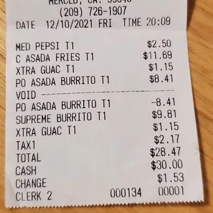 Note the "XTRA Guac" charge.